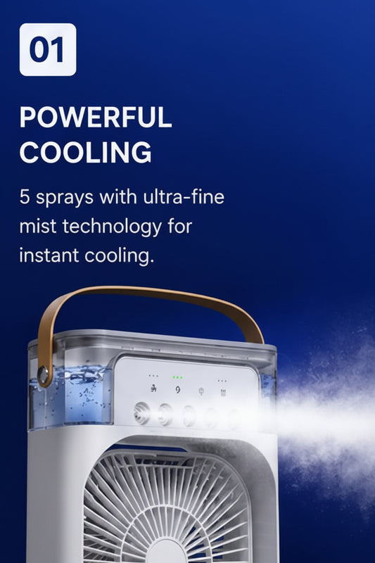 Portable 3-in-1 Air Cooler Fan with Humidifier, Mist Spray & 7 Color LED Night Light | USB Rechargeable Mini Air Conditioner