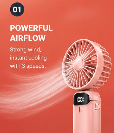 Mini Rechargeable Hand Fan with Digital Battery Display | Portable USB Cooling Fan | 3 Speed Personal Desk & Handheld Fan