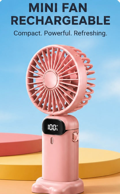 Mini Rechargeable Hand Fan with Digital Battery Display | Portable USB Cooling Fan | 3 Speed Personal Desk & Handheld Fan