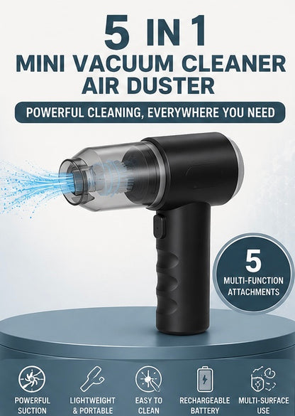 5-in-1 Rechargeable Mini Vacuum Cleaner & Air Duster | Portable Cordless Cleaner for Car, Home & Office