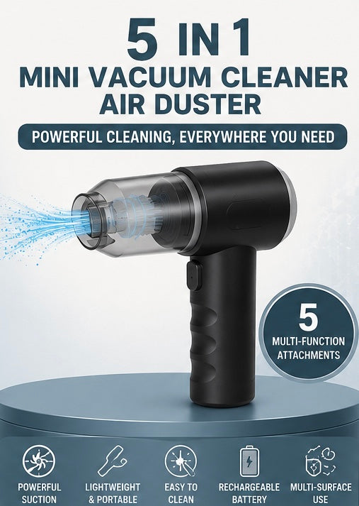 5-in-1 Rechargeable Mini Vacuum Cleaner & Air Duster | Portable Cordless Cleaner for Car, Home & Office