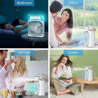 Portable 3-in-1 Air Cooler Fan with Humidifier, Mist Spray & 7 Color LED Night Light | USB Rechargeable Mini Air Conditioner