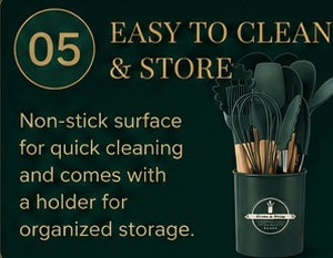12 Pcs Silicone Cooking Utensils Set with Wooden Handles & Holder | Heat Resistant Kitchen Tool Set | BPA Free Non-Stick Cooking Accessories