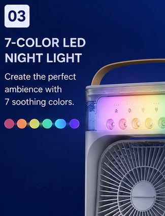 Portable 3-in-1 Air Cooler Fan with Humidifier, Mist Spray & 7 Color LED Night Light | USB Rechargeable Mini Air Conditioner