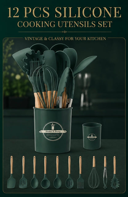 12 Pcs Silicone Cooking Utensils Set with Wooden Handles & Holder | Heat Resistant Kitchen Tool Set | BPA Free Non-Stick Cooking Accessories