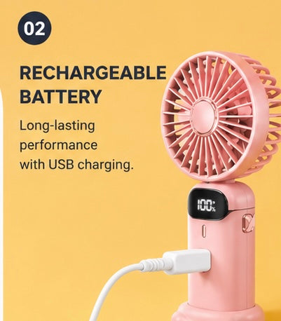 Mini Rechargeable Hand Fan with Digital Battery Display | Portable USB Cooling Fan | 3 Speed Personal Desk & Handheld Fan