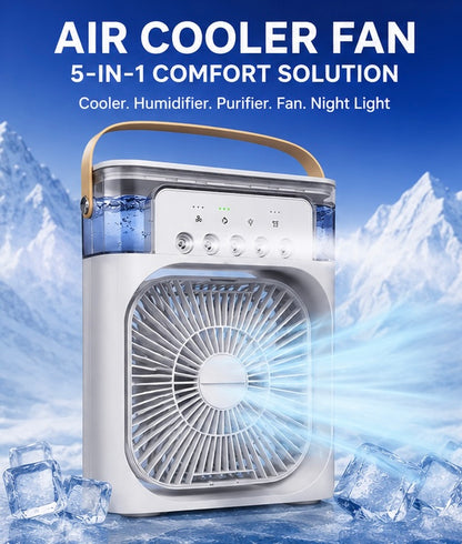 Portable 3-in-1 Air Cooler Fan with Humidifier, Mist Spray & 7 Color LED Night Light | USB Rechargeable Mini Air Conditioner