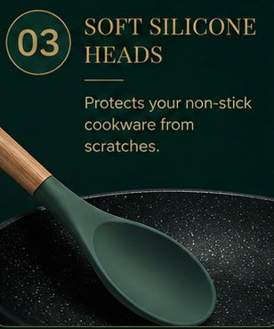 12 Pcs Silicone Cooking Utensils Set with Wooden Handles & Holder | Heat Resistant Kitchen Tool Set | BPA Free Non-Stick Cooking Accessories