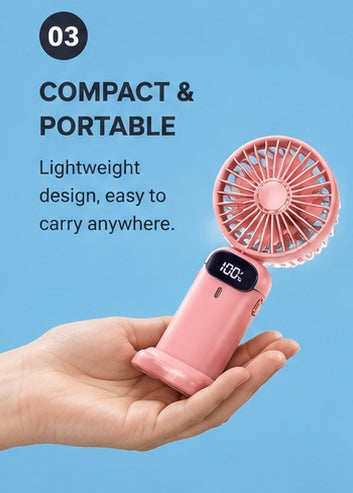 Mini Rechargeable Hand Fan with Digital Battery Display | Portable USB Cooling Fan | 3 Speed Personal Desk & Handheld Fan